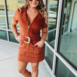 Rust Corduroy Gold Belted Dress